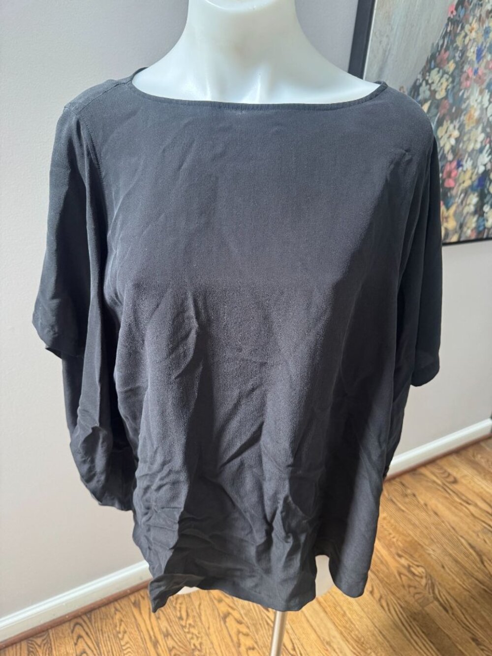 Eileen Fisher 100% Silk Oversized Off Shoulder Blouse Top Black Medium